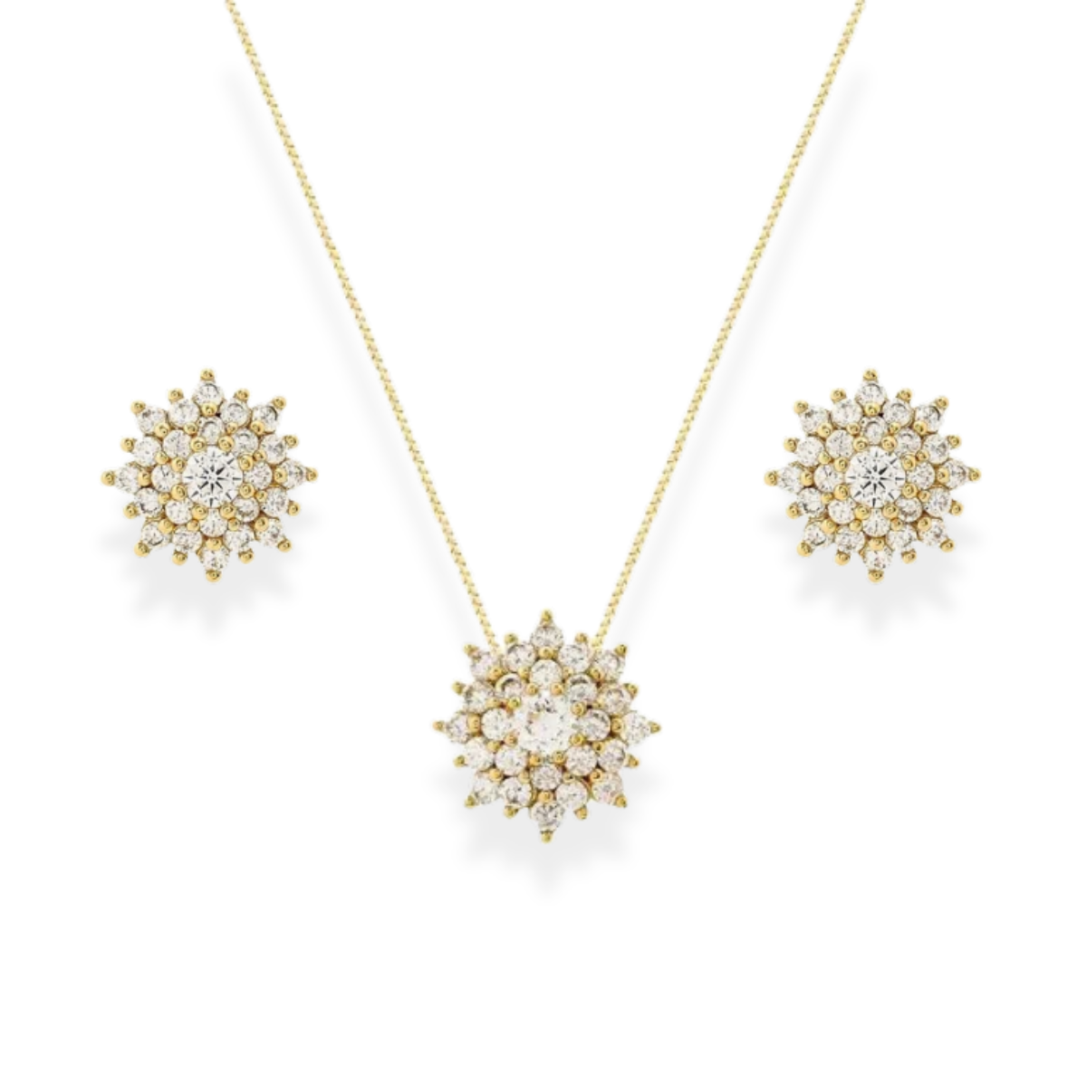 Conjunto flor Rosalie zircônia branca ouro