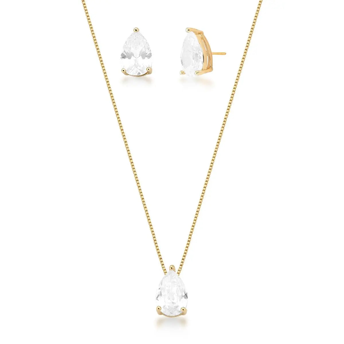 Conjunto gota zircônia branca ouro