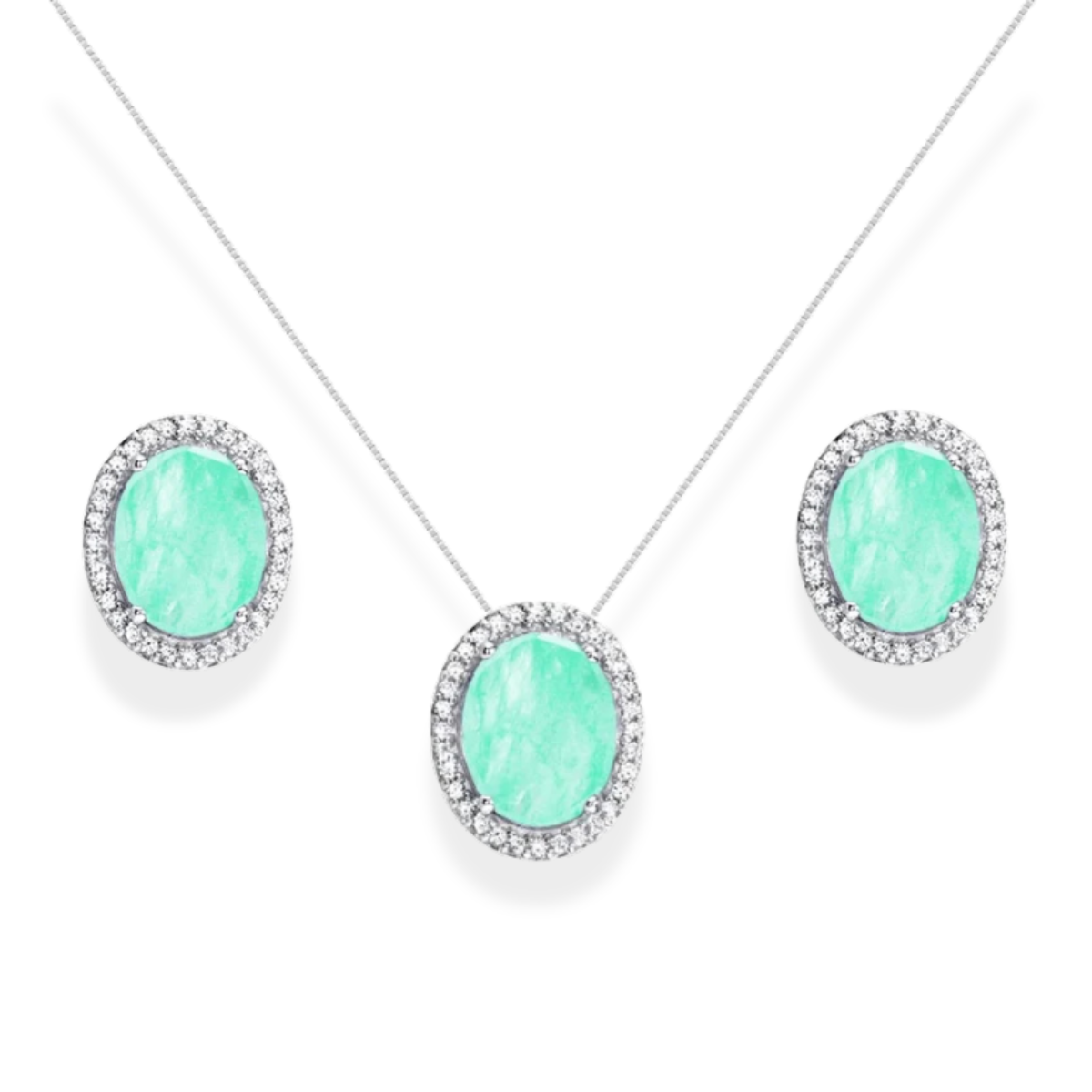 Conjunto oval Veneza esmeralda colombiana fusion ródio branco