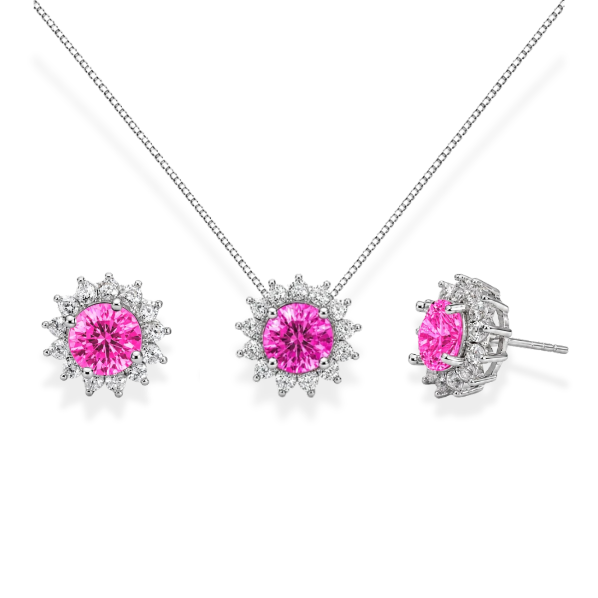 Conjunto redondo Blossom zircônia turmalina pink ródio branco