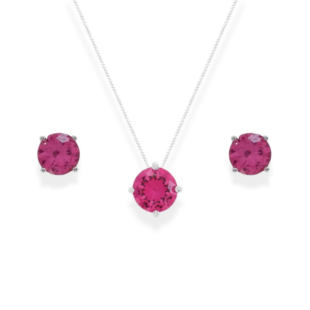 Conjunto redondo zircônia turmalina pink ródio branco (8mm)