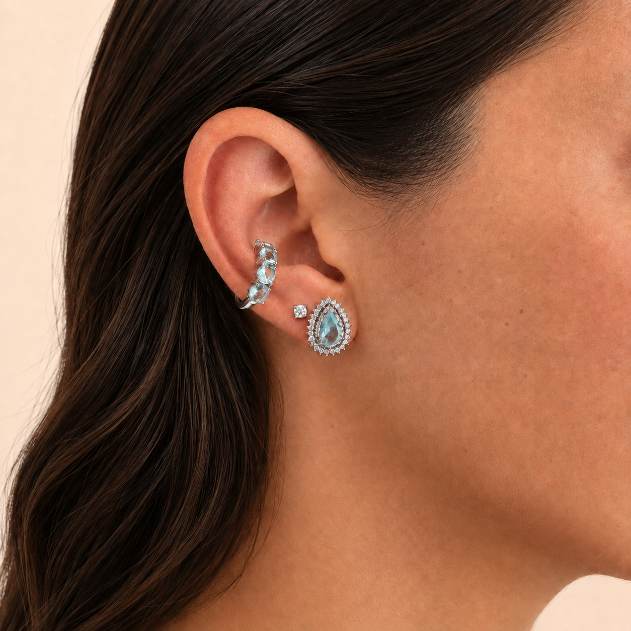 Piercing fake Paola zircônia água marinha ródio branco