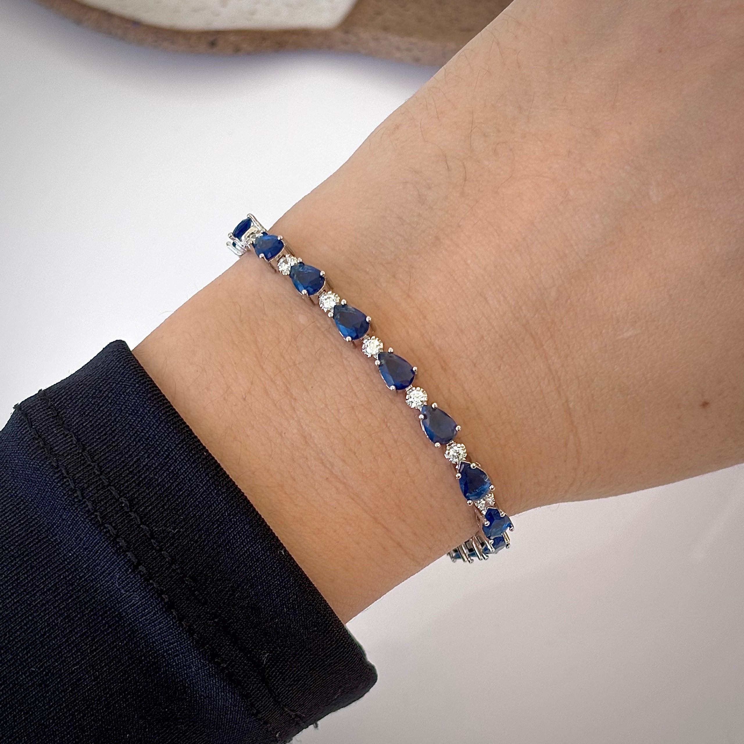 Conjunto Brinco Demi + Pulseira riviera Eva zircônia azul safira ródio branco
